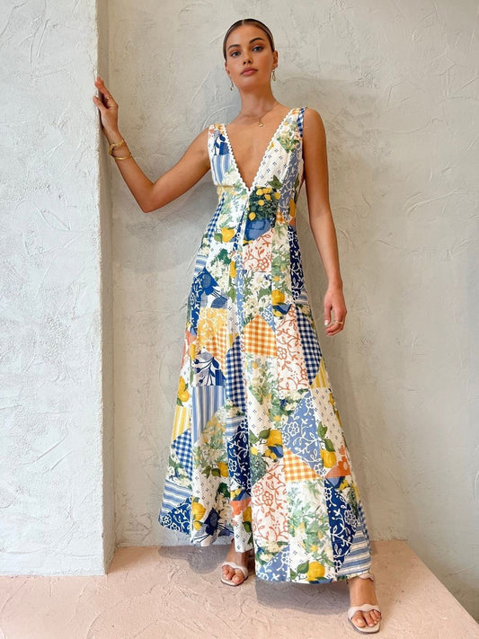 Multi-color patchwork maxi dress with deep V-neckline and floral print for women