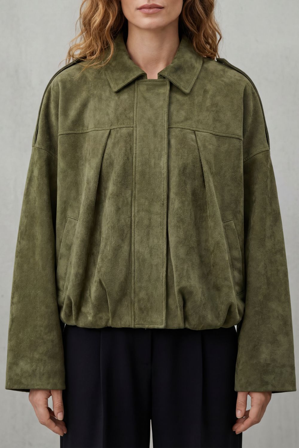 Solenné Suede Pleated Oversized Bomber Jacket