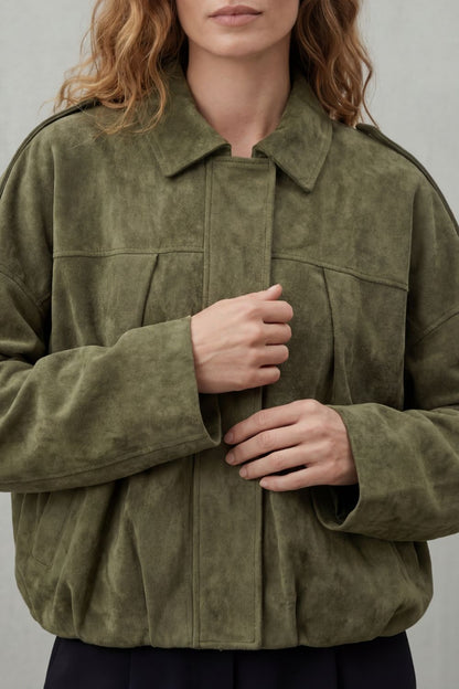 Solenné Suede Pleated Oversized Bomber Jacket