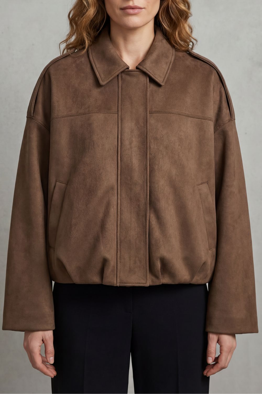 Solenné Suede Pleated Oversized Bomber Jacket