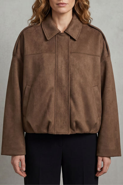 Solenné Suede Pleated Oversized Bomber Jacket