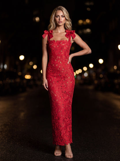 Solenne Bow Strap Maxi Dress - Red