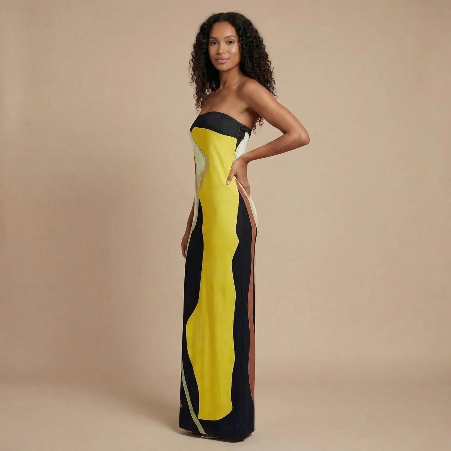 Yellow and black strapless maxi dress with bold artistic print for women
