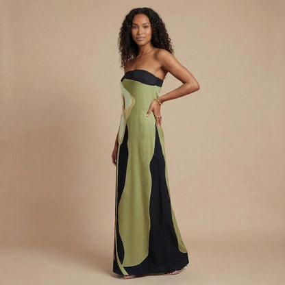 Lime and black abstract maxi dress with strapless neckline for women