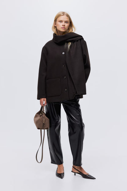 Solveig Detachable Shawl Collar Coat - Dark Brown