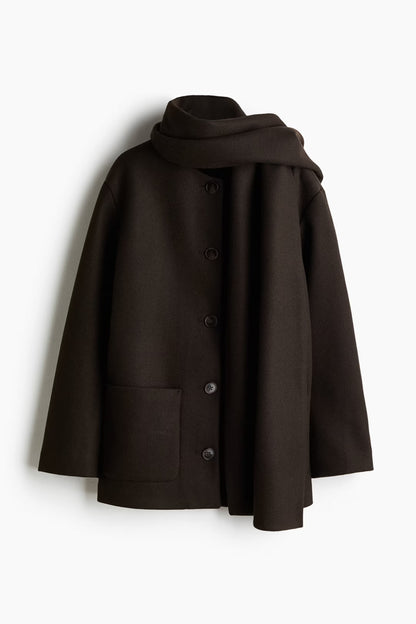 Solveig Detachable Shawl Collar Coat - Dark Brown