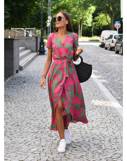 Pink and green floral wrap midi dress with short sleeves and side slit