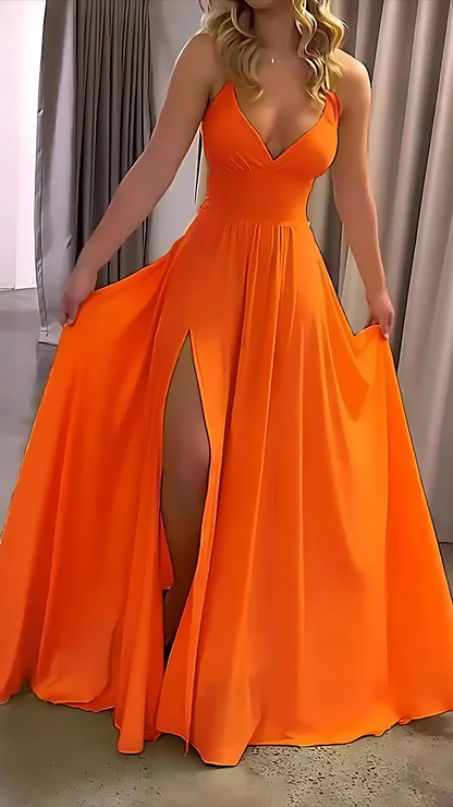 Orange slit maxi dress with V-neckline and high leg opening