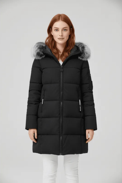 Sorelle Faux Trim Hooded Longline Puffer Coat