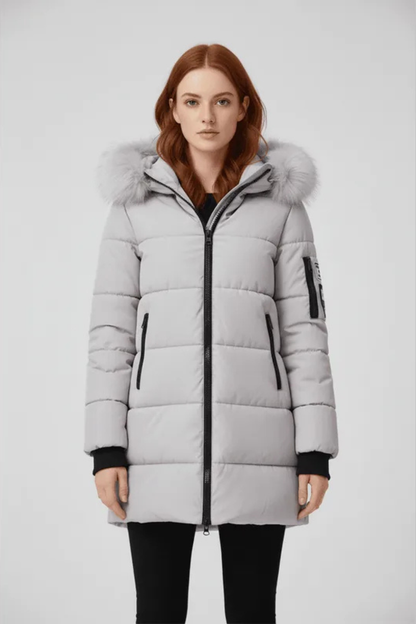 Sorelle Faux Trim Hooded Longline Puffer Coat