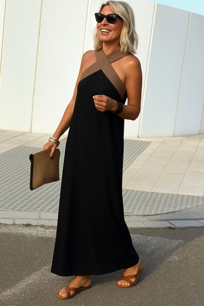 Black maxi dress with brown and cream crossed halter neckline
