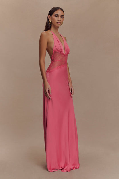 pink halter maxi dress with ornate lace waist and deep V-neckline