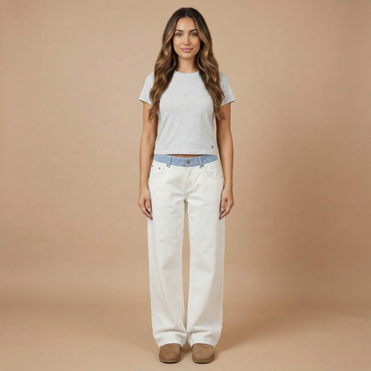 Off-white high-waisted straight-leg denim jeans with striped inner waistband detail for women
