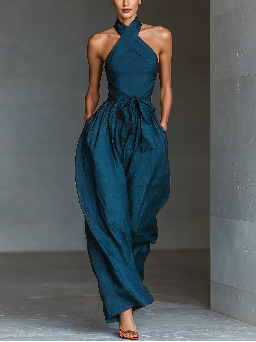 Stina Halter Linen Wide Leg Jumpsuit - Teal Blue