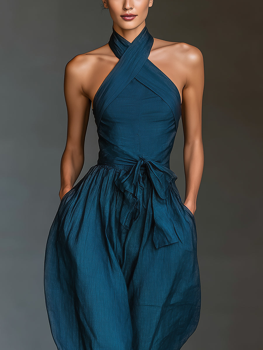 Stina Halter Linen Wide Leg Jumpsuit - Teal Blue