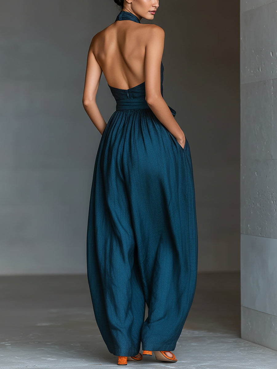 Stina Halter Linen Wide Leg Jumpsuit - Teal Blue
