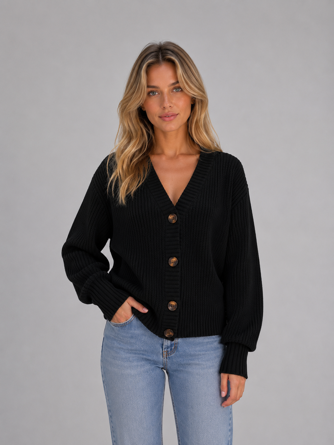 Susannah Ribbed V-Neck Button Cardigan - Black