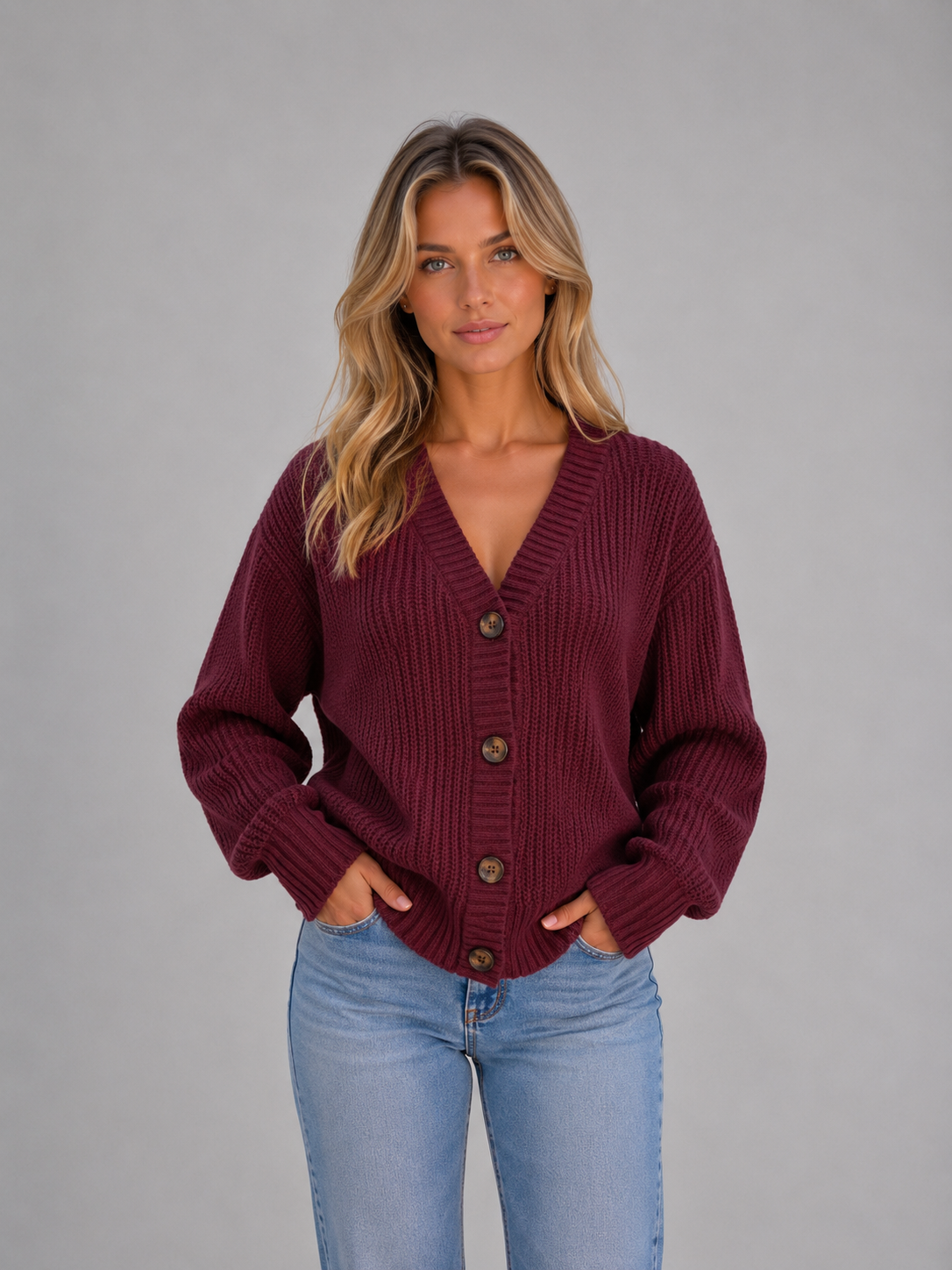 Susannah Ribbed V-Neck Button Cardigan - Bordeaux