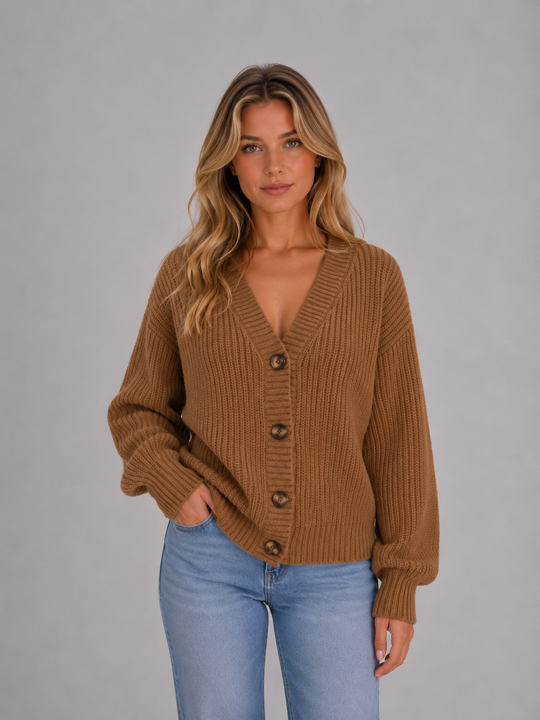 Susannah Ribbed V-Neck Button Cardigan - Camel