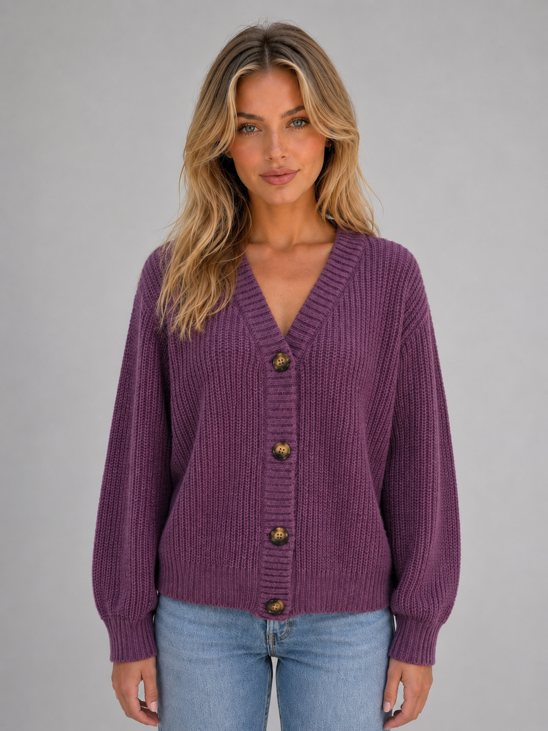 Susannah Ribbed V-Neck Button Cardigan - Purple