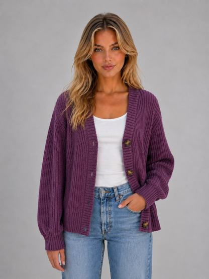 Susannah Ribbed V-Neck Button Cardigan - Purple