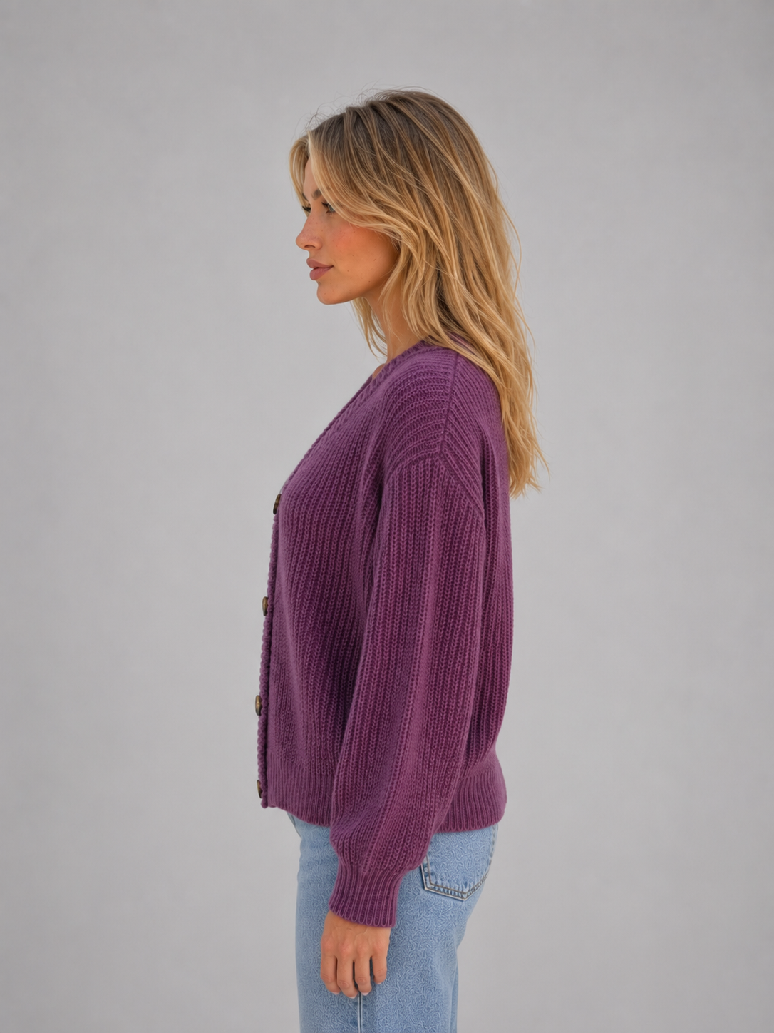 Susannah Ribbed V-Neck Button Cardigan - Purple
