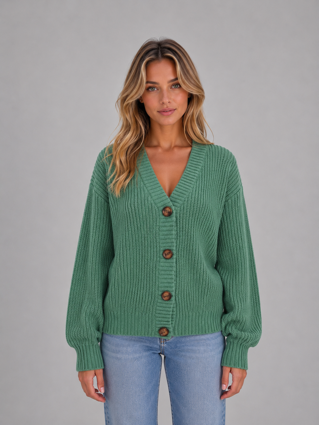 Susannah Ribbed V-Neck Button Cardigan - Sage