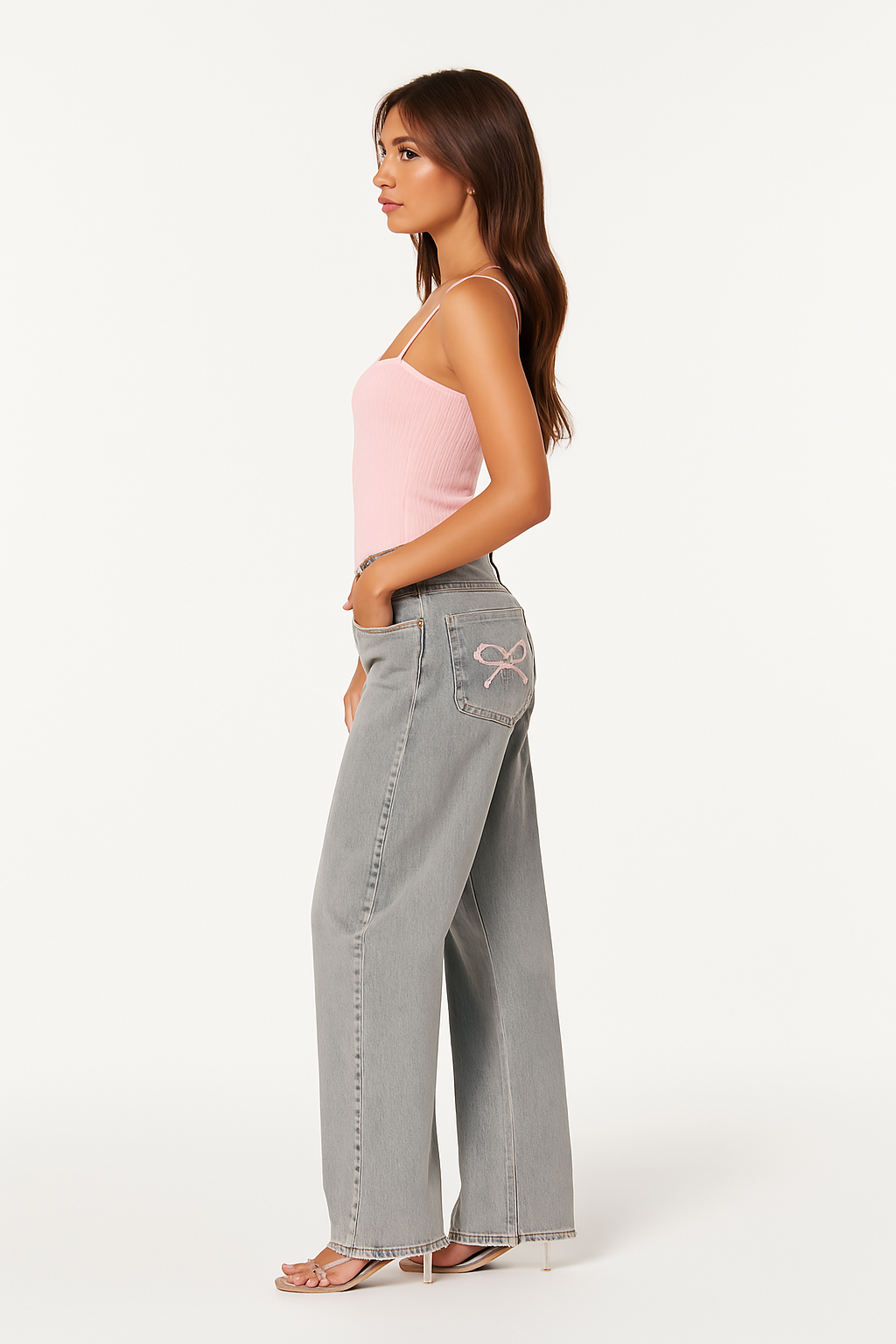 Suzette Relaxed Bow Pocket Jeans - Light Blue