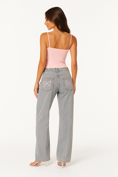 Suzette Relaxed Bow Pocket Jeans - Light Blue