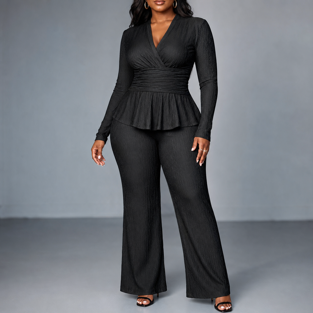 Sybil Wrap Peplum Trouser Set - Black