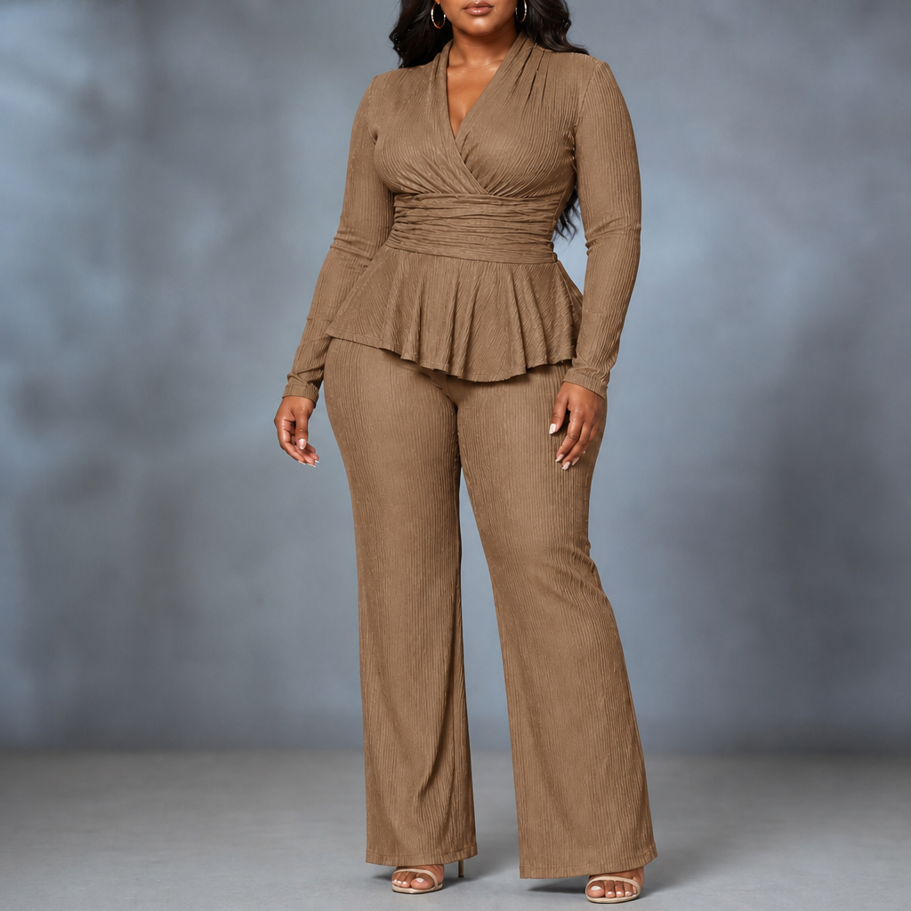 Sybil Wrap Peplum Trouser Set - Camel