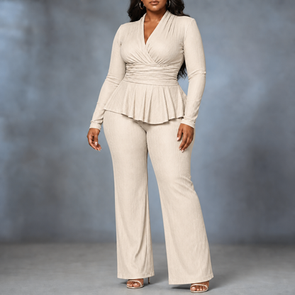 Sybil Wrap Peplum Trouser Set - Oatmeal