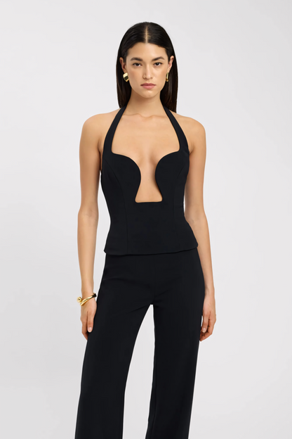 Black sweetheart bustier top with deep plunge cutout and halter neck closure detail for women
