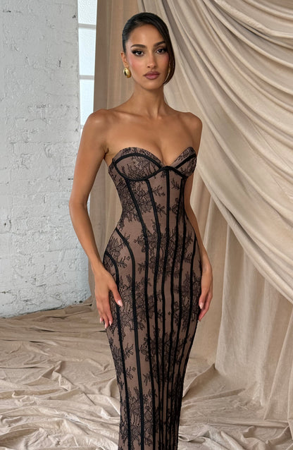 Talia Floral Satin Maxi Dress - Black