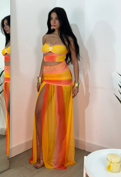 Orange and yellow gradient mesh maxi dress with bandeau and slit