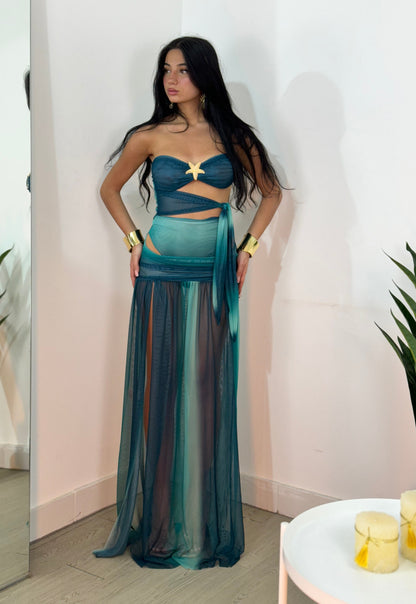 Teal mesh maxi dress with gold clasp detail and wrapped waist tie