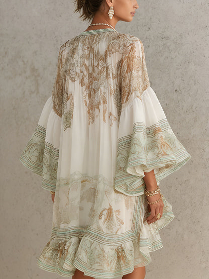 Talitha Ruffle Sleeve Chiffon Mini Dress - Ivory and Sage Print