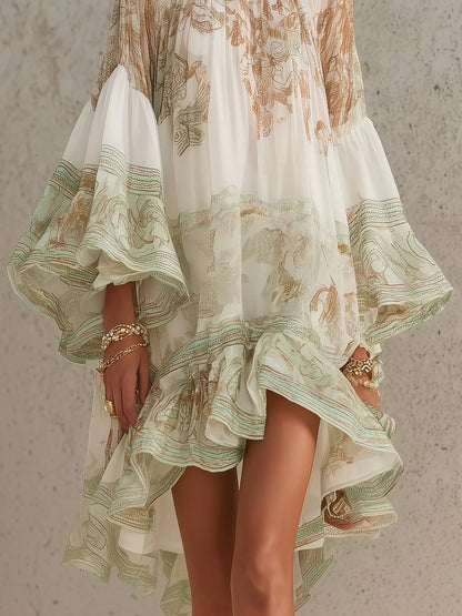 Talitha Ruffle Sleeve Chiffon Mini Dress - Ivory and Sage Print