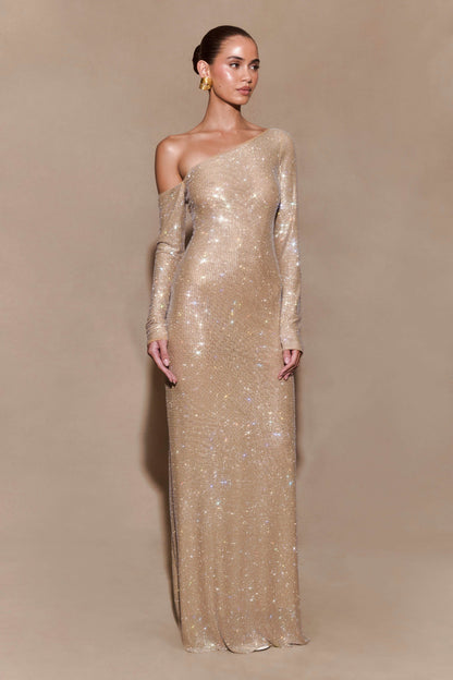 Tamar Embellished Asymmetric Maxi Dress - Nude