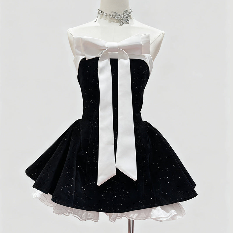 Tamsyn Bow Front Velvet Mini Dress - Black