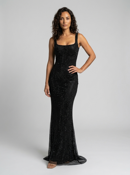 Tanith Rhinestone Mesh Square Neck Maxi Dress - Black