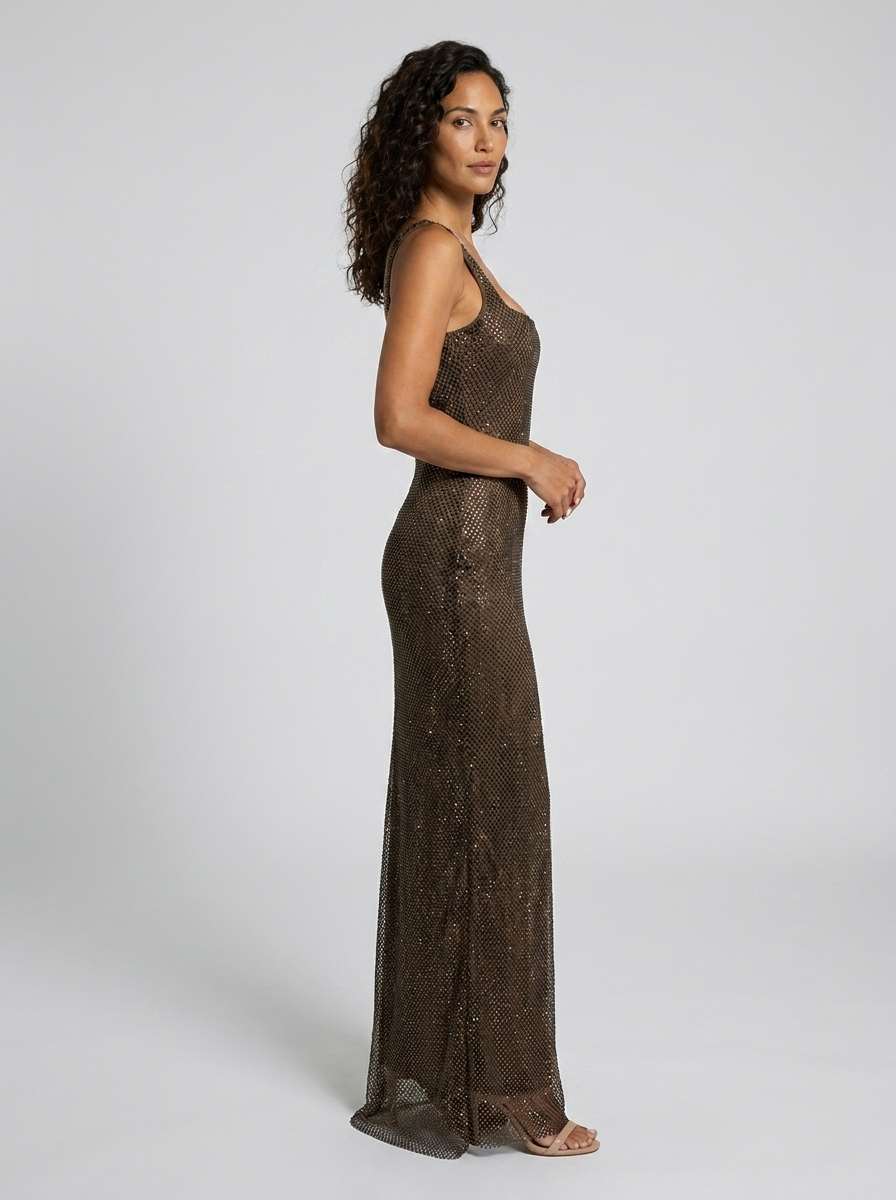 Tanith Rhinestone Mesh Square Neck Maxi Dress - Chocolate Brown