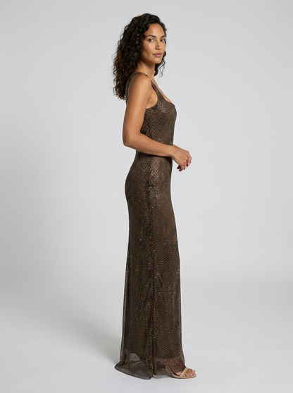 Tanith Rhinestone Mesh Square Neck Maxi Dress - Chocolate Brown