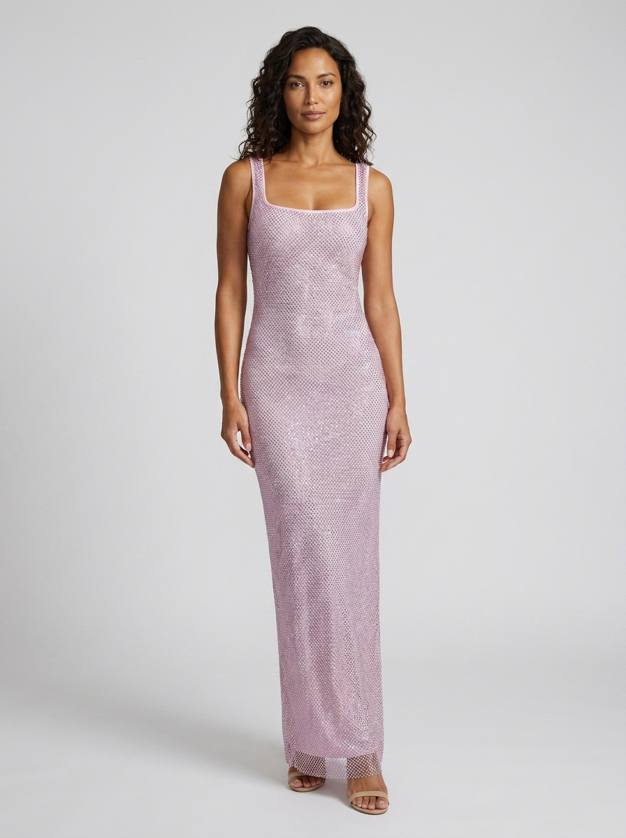 Tanith Rhinestone Mesh Square Neck Maxi Dress - Mauve Pink