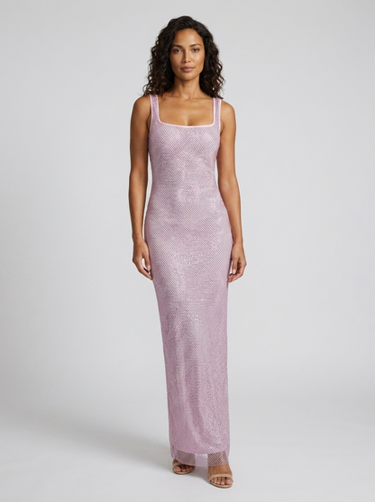 Tanith Rhinestone Mesh Square Neck Maxi Dress - Mauve Pink