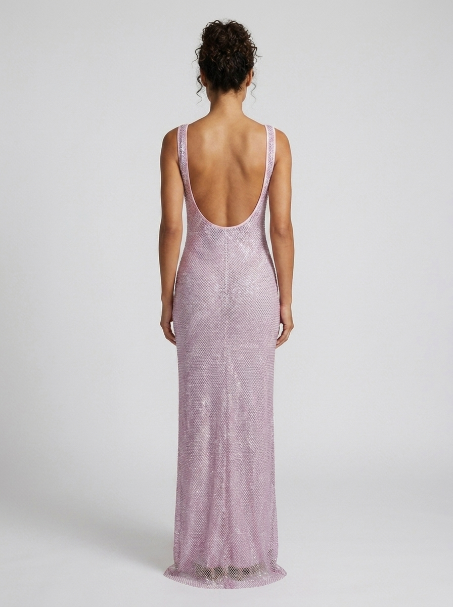 Tanith Rhinestone Mesh Square Neck Maxi Dress - Mauve Pink