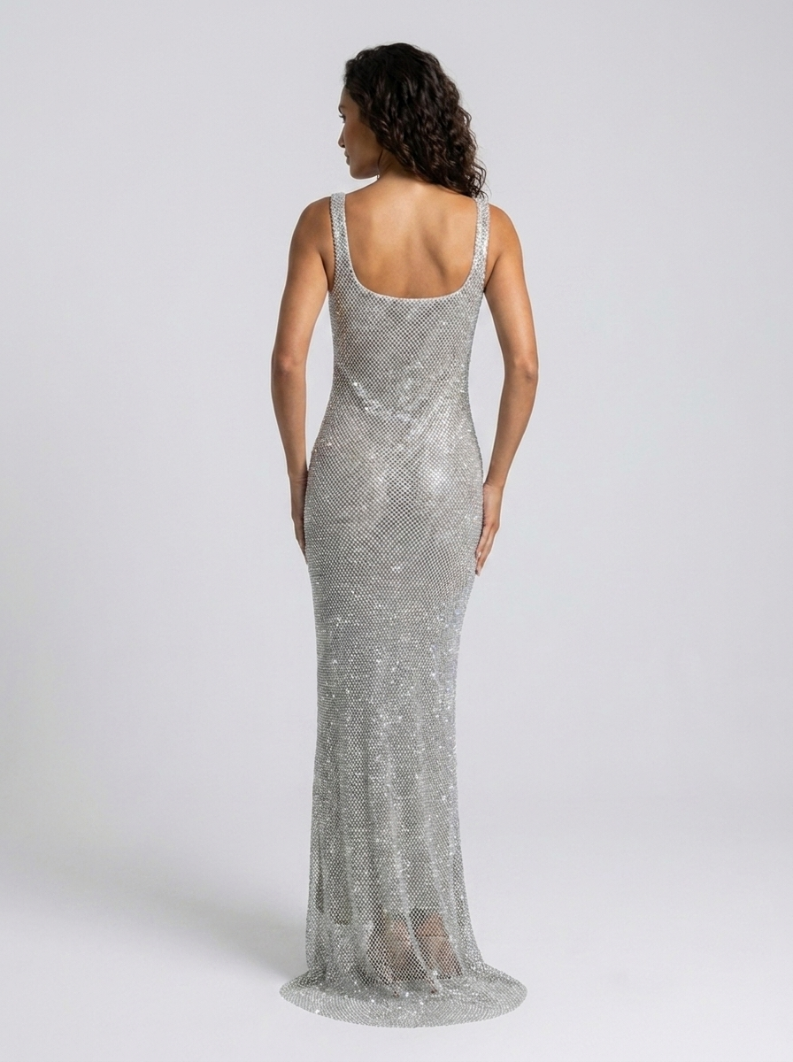 Tanith Rhinestone Mesh Square Neck Maxi Dress - Silver