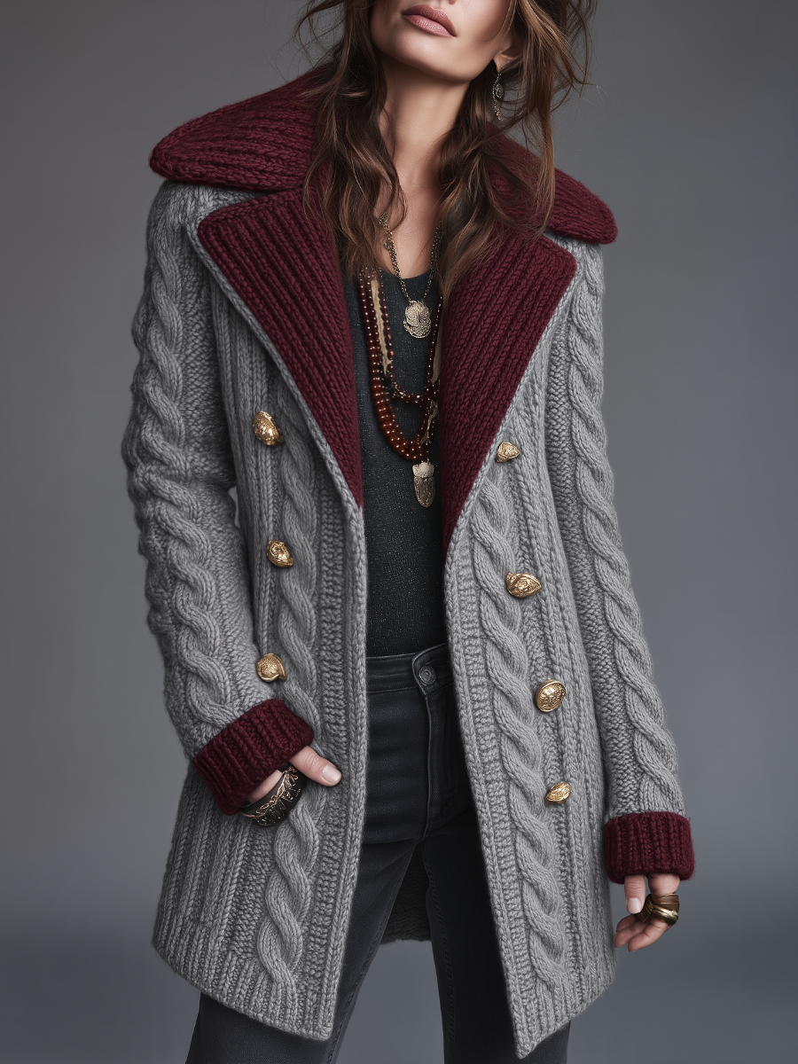 Tarin Contrast Collar Cable Knit Coat - Gray