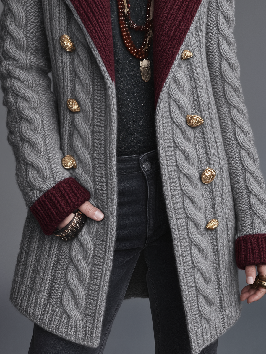 Tarin Contrast Collar Cable Knit Coat - Gray