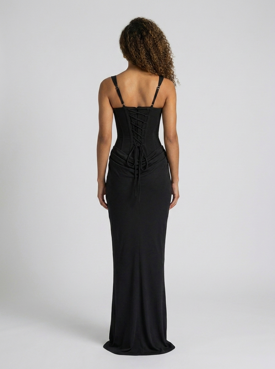 Tarina Ruched Lace-Up Maxi Dress - Black